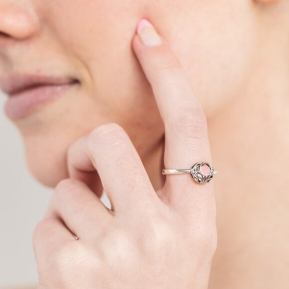 Recycled Antique Pink Depression Glass Sterling Adjustable Vintage Lace Ring - Picture 5 of 6